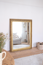 Load image into Gallery viewer, Antique bevelled mirror with wooden detailed frame
