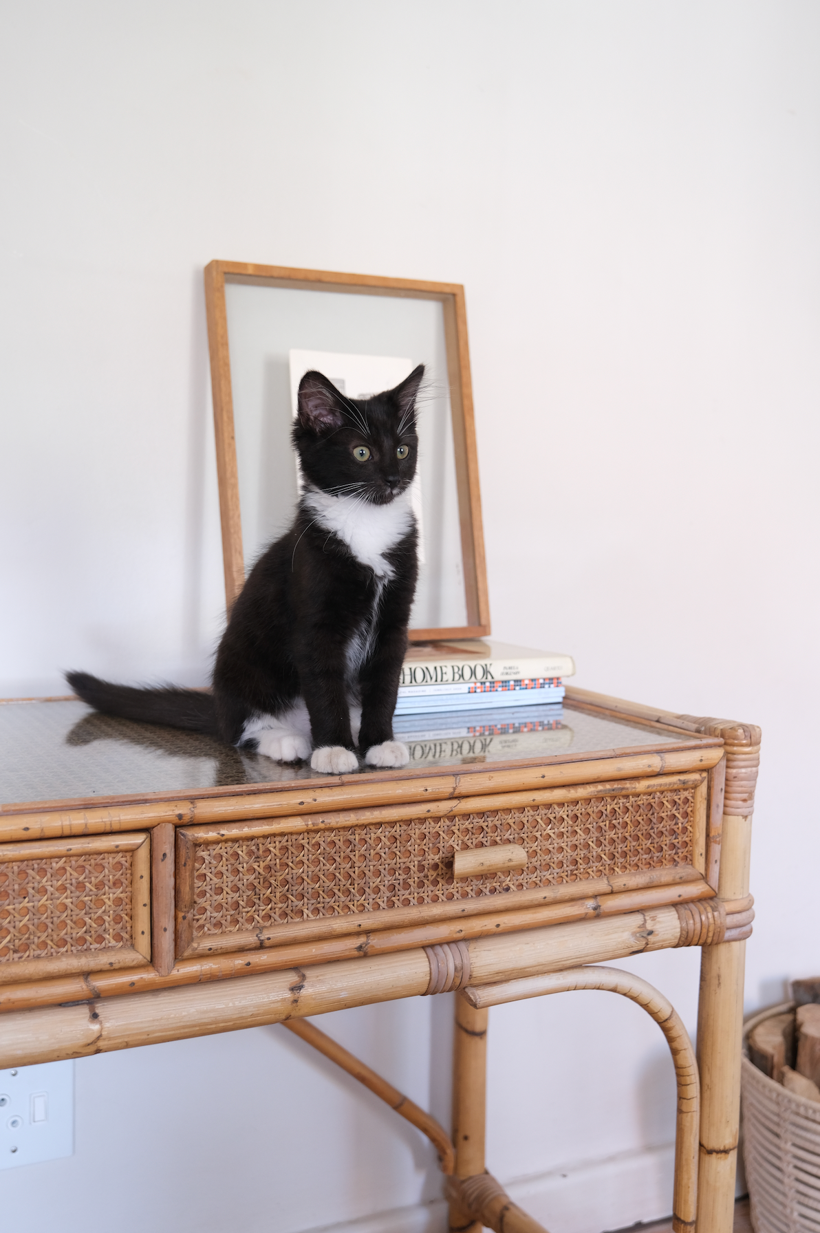 Cane desk with glass top