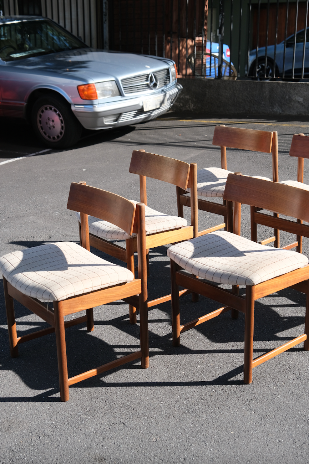 A set of 6 Danish style chairs with checkered velvet upholstery