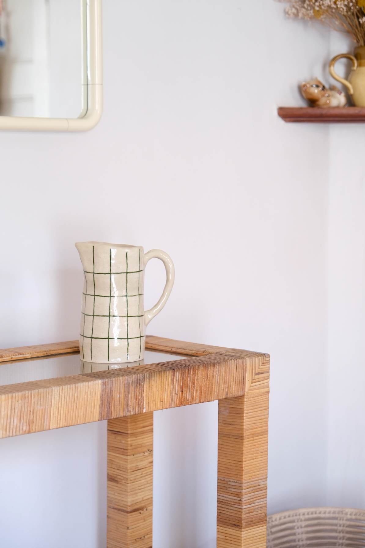 Cane and glass top console