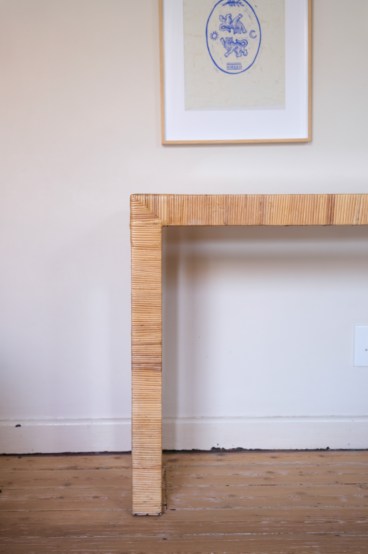 Cane and glass top console