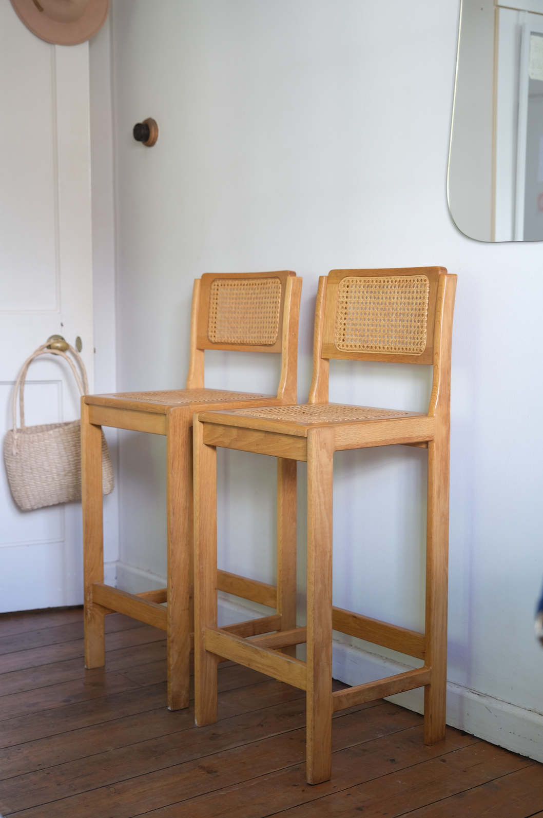 Pair of Cane and Wood Bar Stools