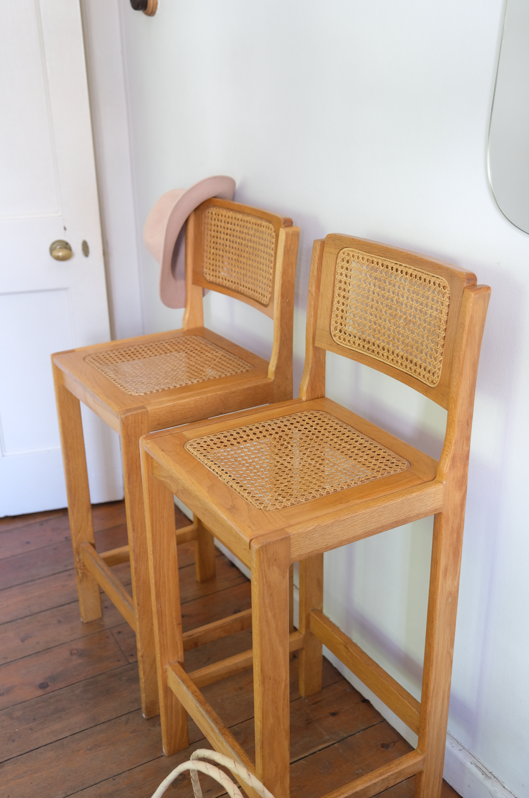 Pair of Cane and Wood Bar Stools