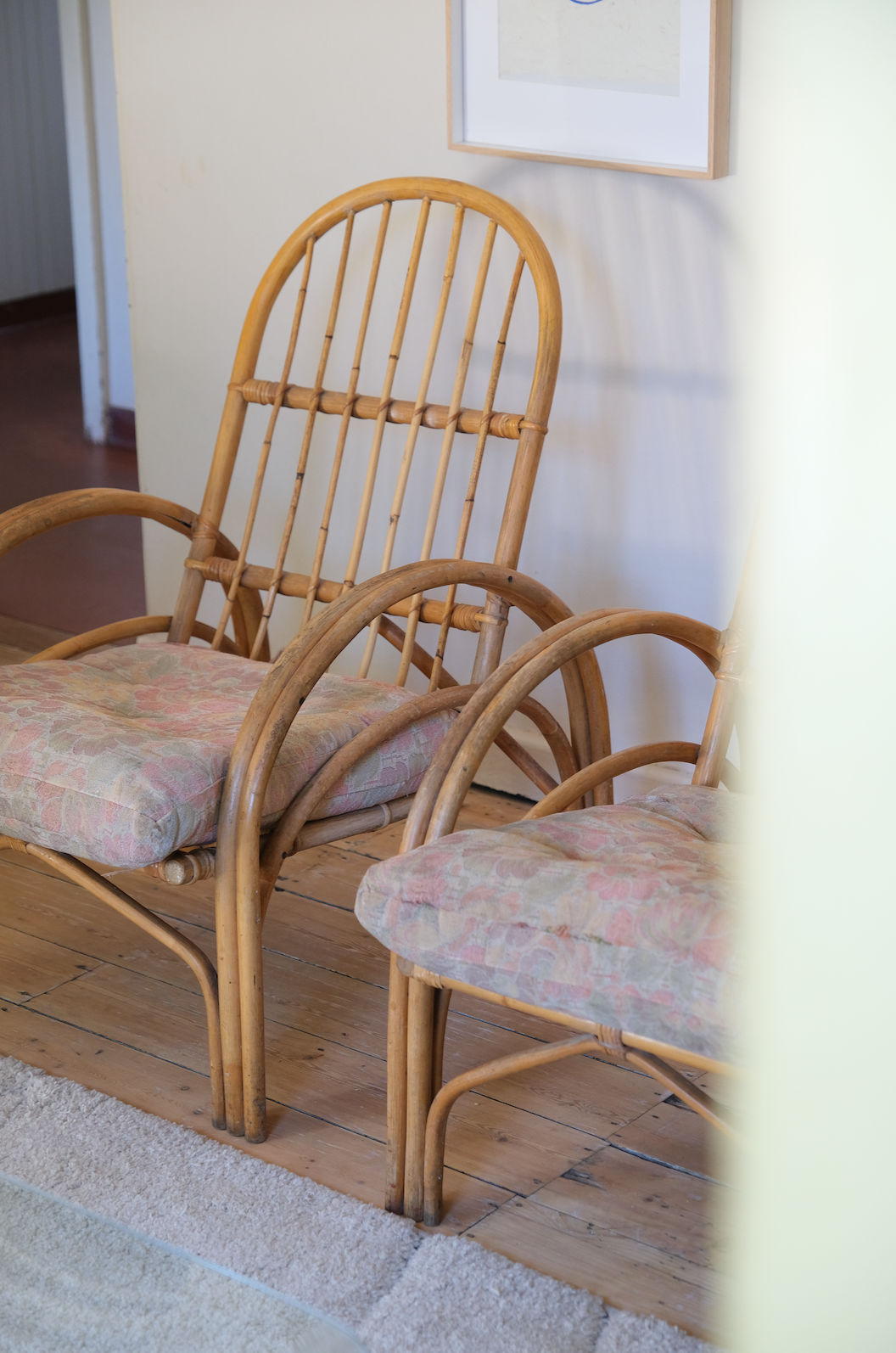 Pair of cane chairs with flower print cushions