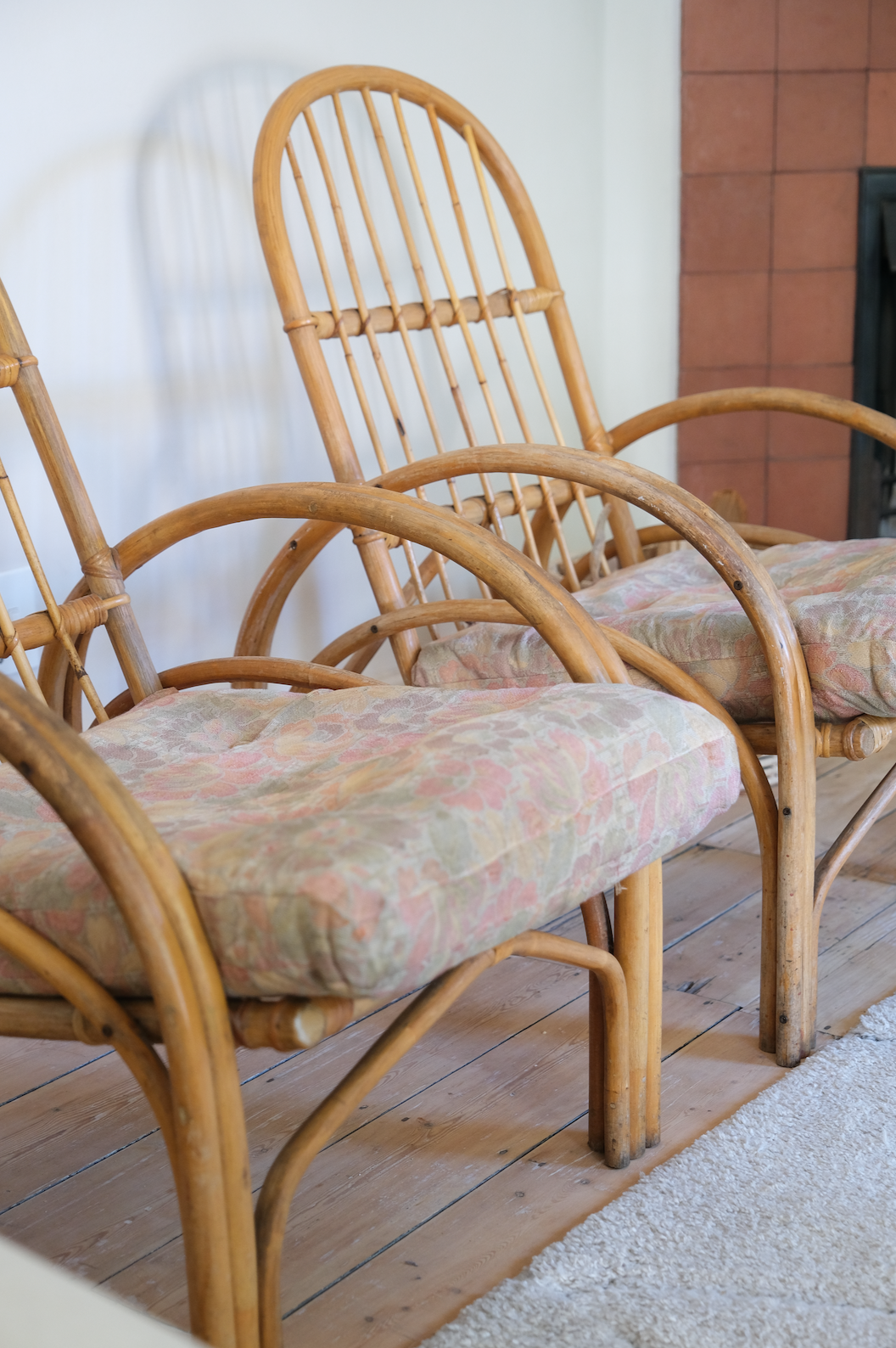 Pair of cane chairs with flower print cushions