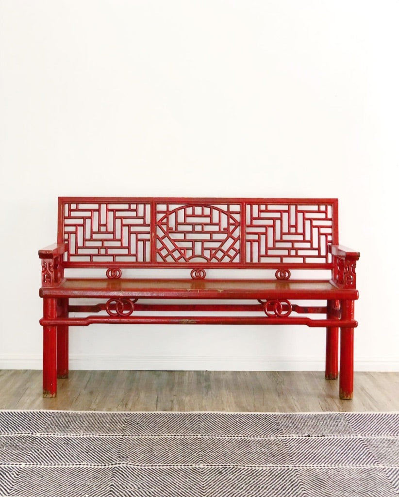 Red Asian antique wooden bench