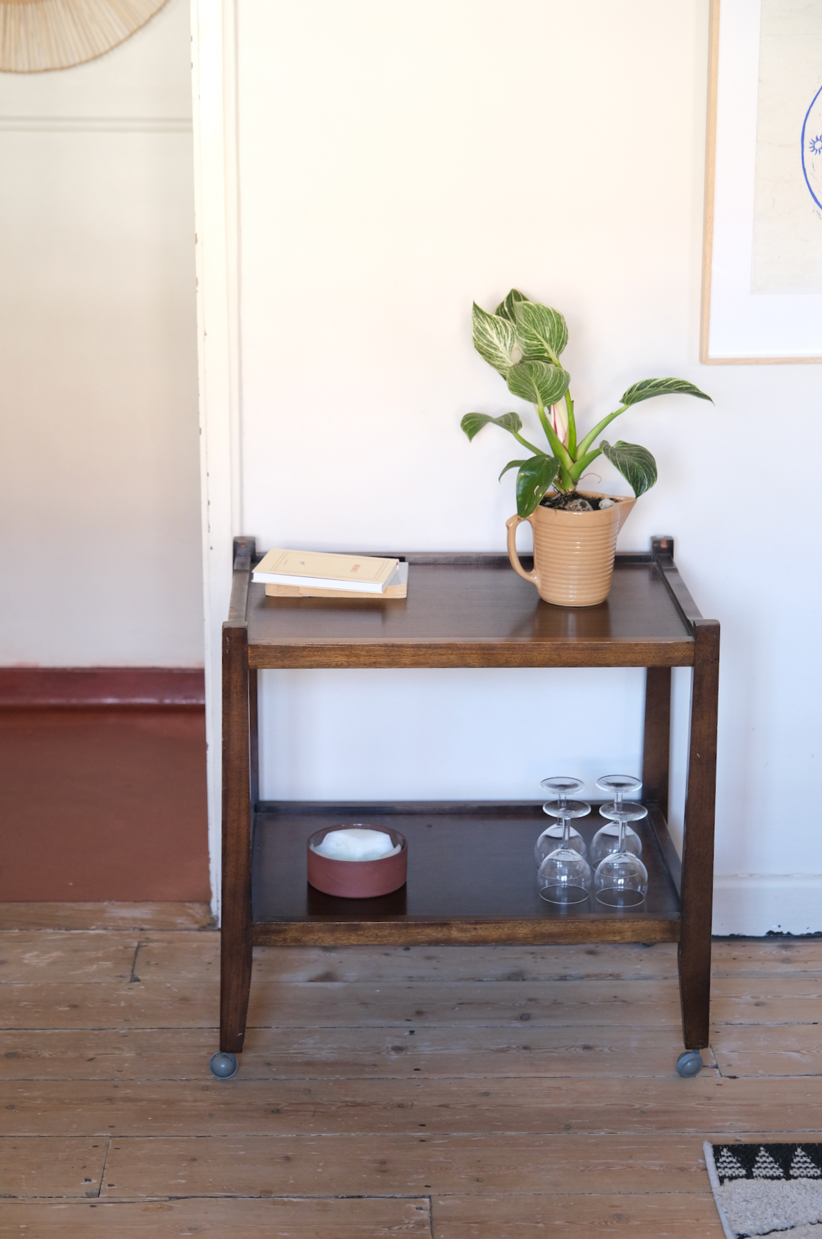 Teak drinks trolley on wheels